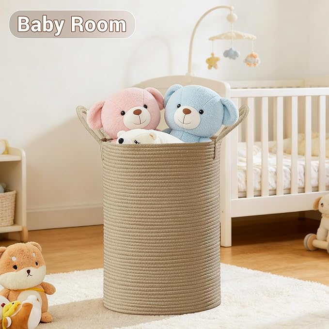 SunNewt Tall Laundry Basket with Handles, 72L Portable Dirty Clothes Hamper, Boho Cotton Rope Storage Bin for Blankets Kids Toys Gifts, Large Organizer for Baby Nursery Bedroom Bathroom, Jute