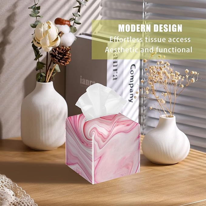 BLYKVGHQ Pink Liquid Marble Tissue Box Cover Square, Tissue Box Holder with Bottom Belt Leather Facial Paper Organizer Dispenser for Bathroom Bedroom Dresser Night Stand Tabletop