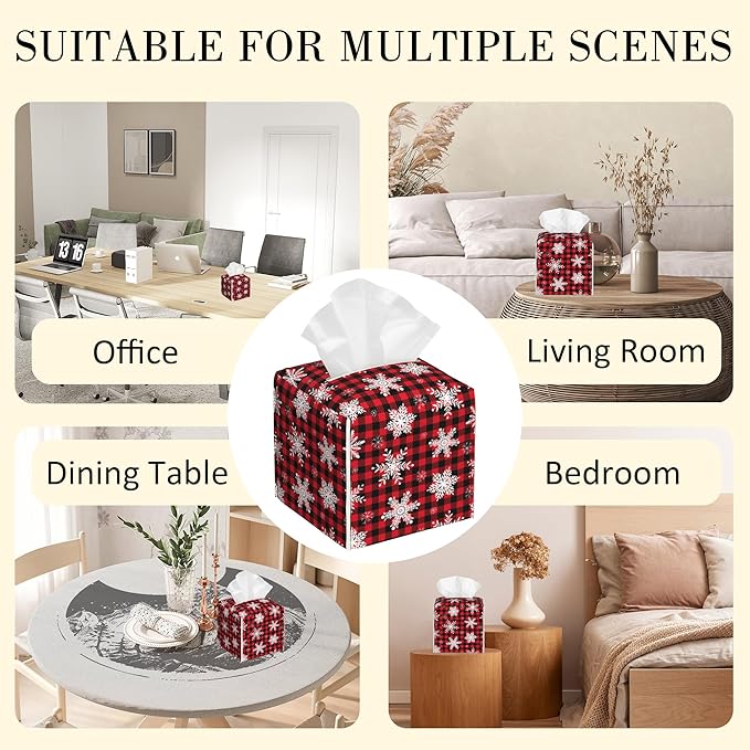 Red and Black Checkered Leather Tissue Box Holder Christmas Snowflakes Tissue Box Cover Square Waterproof Tissue Holder Organizer Modern Napkin Holder for Bedroom Dresser Night Stand Office Desk