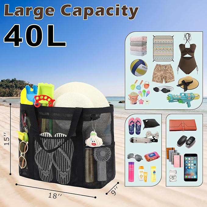 Fammart Mesh Beach Bag, Large Beach Tote Bags with Zipper, Toys Pool Bag for Family Travel Vacation Cruise Essentials