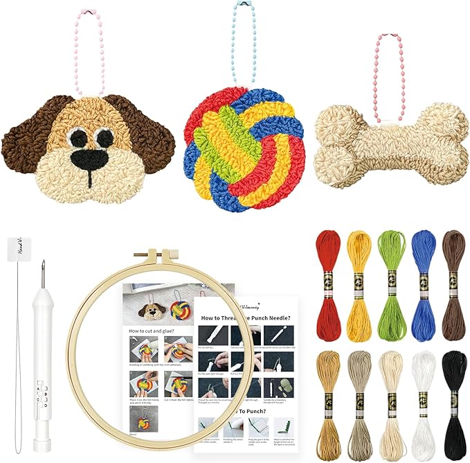 HAND U JOURNEY 3Pcs Embroidery Punch Needle Bachpack Charm Kit, Original Design with 2.2mm Punch Tool, Threads and Hoop. Random Color Chain (Puppy)