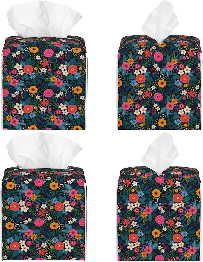 POIUBLE Colorful Flowers and Leaves Tissue Box Cover Leather Tissue Box Holder Square Facial Paper Organizer Dispenser for Bathroom Kitchen Bedroom Vanity Countertop Night Stands