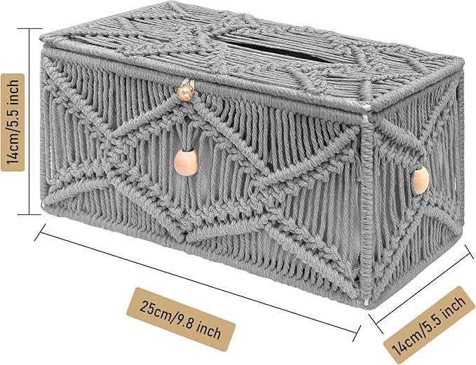 KaloKalo Handmade Tissue Box Cover Rectangle Decorative Macrame Boho Tissue Holder Cotton Rope Woven Napkin Facial Paper Organizer Bohemian Desk Storage Container with Buckle Wood Beads (Grey)