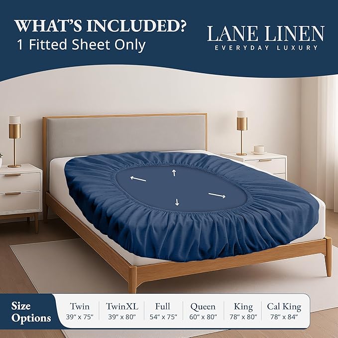 Lane Linen 100% Egyptian Cotton King Size Fitted Sheet Only (79"x81" + 16") - Elegant Sateen Weave, Ultra Soft, Breathable, Highly Durable, Deep Pockets Upto 17" - Swiss Dot Estate Blue