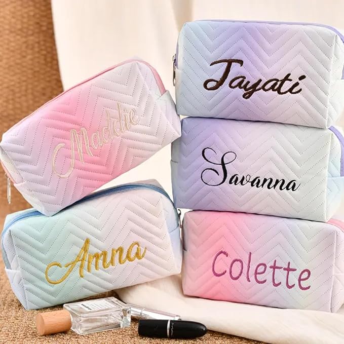 Personalized Makeup Bag with Name, Custom Embroidered Cosmetic Bags for Women Girls, Corduroy Gradient Pouch, Initial Quilted Bag,Travel Toiletry Pouch, Gifts for Bride Bridesmaid , Birthday, Wedding