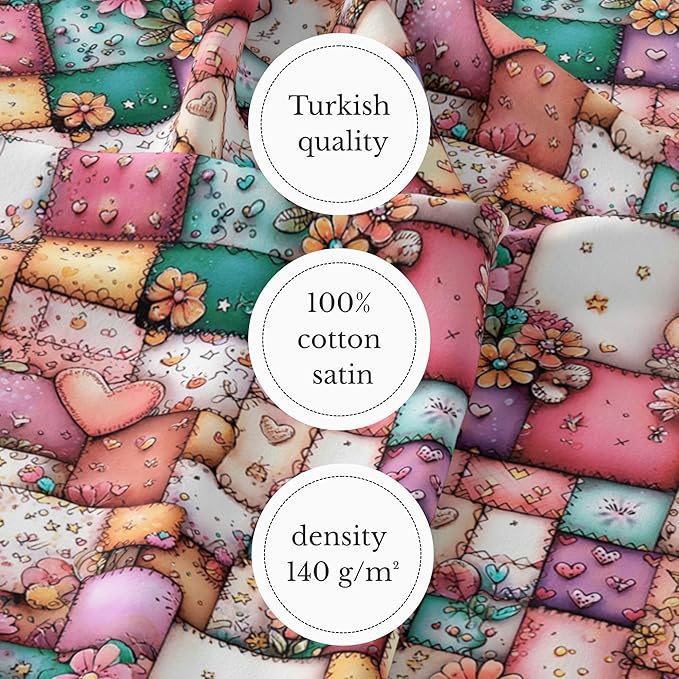 Sweet Hearts Patchwork Cotton Fabric Panel – 100% Turkish Cotton 140 GSM, Pre-Cut 61 x 36.6 Inches, Romantic Floral Sewing Fabric for Quilting, Gifts & DIY Crafts