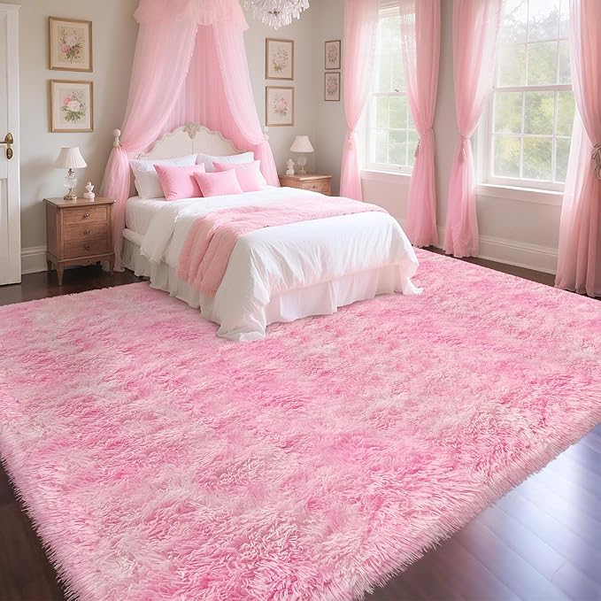 8x10 Pink Area Rugs for Bedroom Girls Room, Tie-Dyed Fluffy Pink Rug for Bedroom Living Room Big Shag Carpet, Ultra Soft Plush Thick Furry Rug Non Slip for Girls Kids Nursery Room Dorm