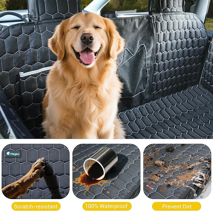 Meginc Dog Seat Covers for Tesla Model Y,Dog Hammock for Tesla with Side Flaps, 100% Waterproof Model Y Dogs Accessories with Mesh Window & Headrest Protector Easy Clean up Pet Car Seat Cover