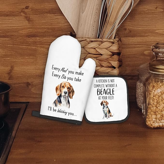 Beagle Gifts for Women Men, Dog Oven Mitts and Pot Holders Sets, Beagle Dog Decor Kitchen Accessories Sets, Complete Without a Beagle Dog Heat Resistant Oven Glove Potholders for Kitchen Baking