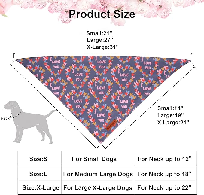ADOGGYGO Valentine Dog Bandanas, Heart Love Floral Pet Scarf, Multi Size Offered, Pink Blue Pet Valentine Bandana for Large and Extra Large Dogs (X-Large)