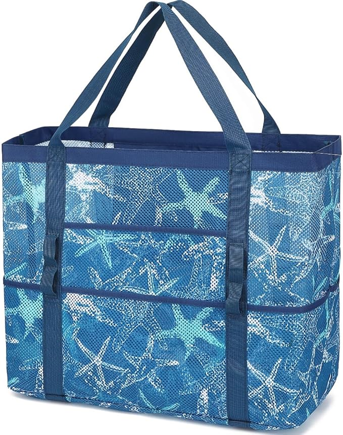Fammart Mesh Beach Bag, Large Beach Tote with Zipper Pocket for Family Pool Bag for Toys & Vacation Essentials