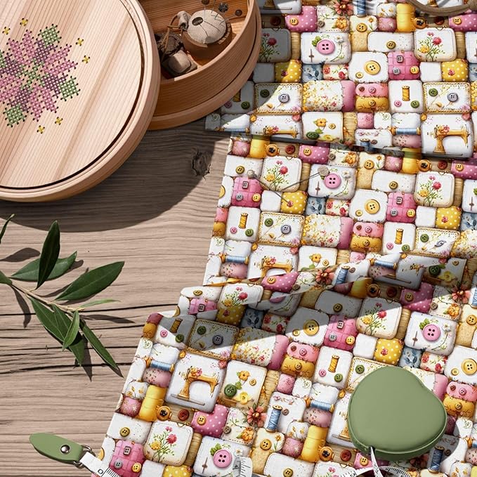 Vintage Sewing Notions Patchwork Cotton Fabric Panel 61 x 36.6 Inches, Buttons & Threads Quilt Print, Soft Pastel Multicolor Tones, 100% Cotton 140 GSM