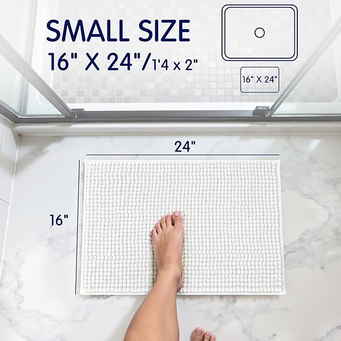 SUBRTEX Bathroom Rugs Chenille Bath Rug Soft Short Plush Bath Mat Soft Shower Mat Water Absorbent Shower Mat Quick Dry Machine Washable(White,16" x 24")
