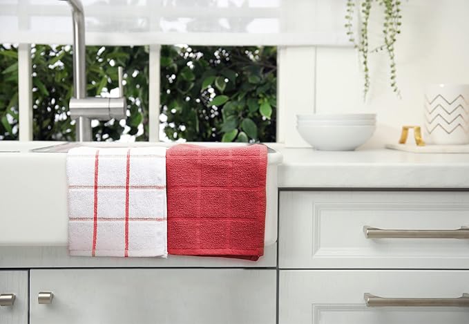 Mellow Buff 100% Cotton Terry Dish Cloth & Dish Towel, 6 Pack, Super Soft and Absorbent Kitchen Towels, Perfect for Kitchen Cleaning and Dish Washing (RED (Solid and Checks) 8 Pack)