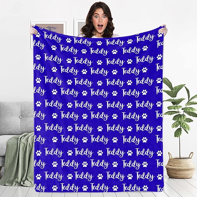 Ecautly Custom Pet Blanket for Dog, Personalized Pet Blanket with Name, Customized Paw Print Throw Blanket for Cat, Gift for Pet Bereavement, Dog Bed Blanket Passing Away Gifts
