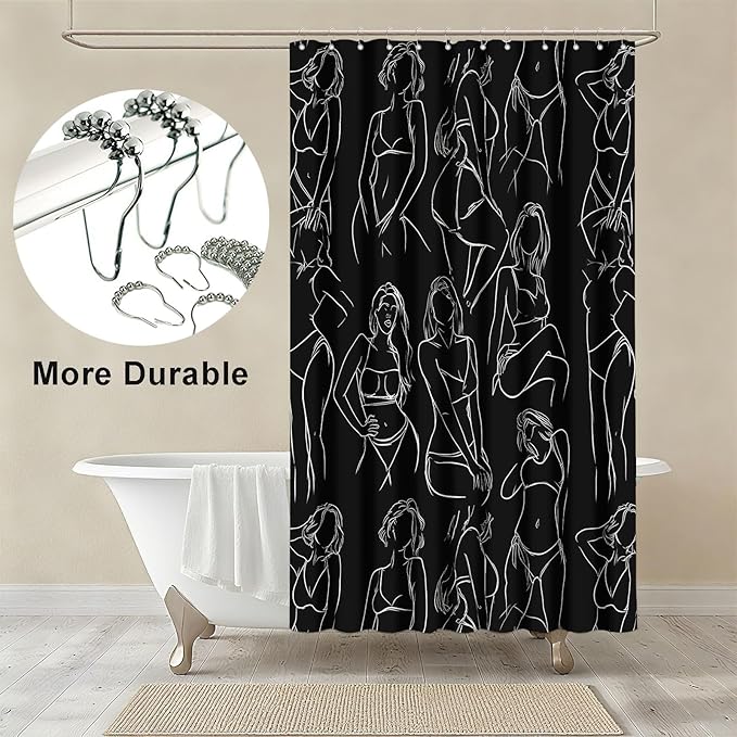 mutakin Black and White Abstract Shower Curtain Women Minimalist Line Art Shower Curtains for Bathroom Waterproof Fabric Bath Curtain Decor with Hooks