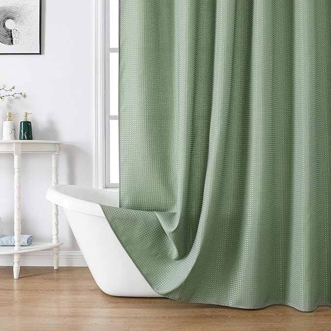 meioro Sage Green Shower Curtain, Waffle Weave 256GSM Heavy Duty Textured Fabric Shower Curtains for Bathroom Hotel Spa, Luxury Weighted Polyester Cloth Bath Curtain Set with 12 Hooks, 36Wx72H