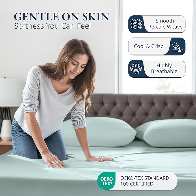 Lane Linen Full Fitted Sheet, 100% Organic Cotton, 3-Piece Set (1 Fitted Sheet,2 Pillowcases), Percale Weave, Full Bed Bottom Sheet, Ultra Soft, Fits Mattress Upto 15" Deep - Cool Blue (No Flat Sheet)