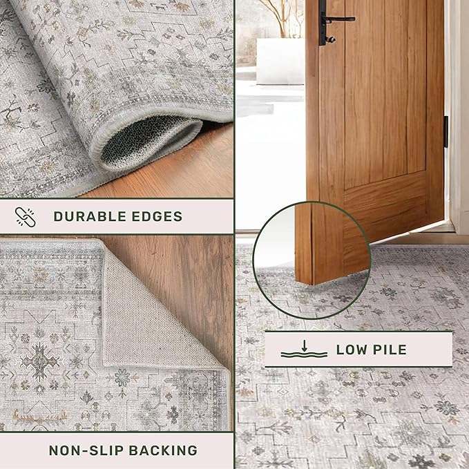 Light Gray Kitchen Rug 10 ft Long - Modern Neutral Boho Unique Floral with Brown Accent, Washable Low Pile Non-Slip Extra Long Wide Runner Rugs for Hallway, 3x10