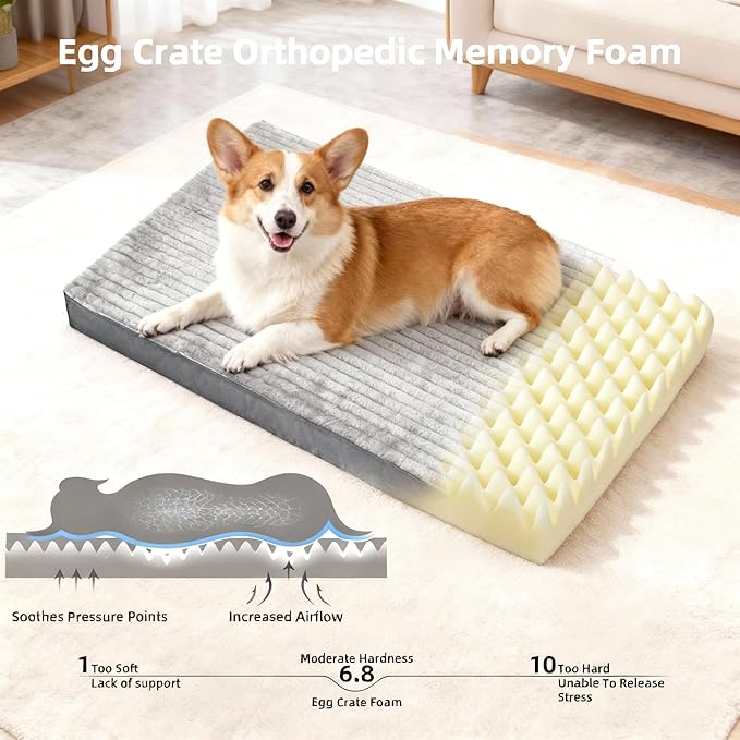 Dog Bed Medium Size Dog, Orthopedic Flannel Pet Bed with Removable Washable Cover, Waterproof Indestructible Medium Dogs Bed with Anti-Slip Bottom, Egg Crate Memory Foam Pad, 29.0"x18.0"x3.0", Grey