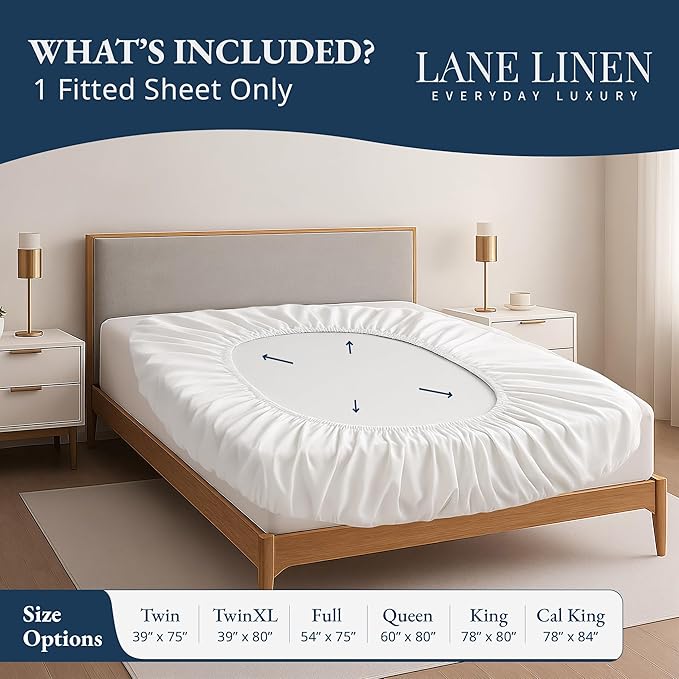 Lane Linen 100% Egyptian Cotton Full Size Fitted Sheet Only (55"x76" + 16") - Elegant Sateen Weave, Ultra Soft, Breathable, Highly Durable, Deep Pockets Upto 17" - White