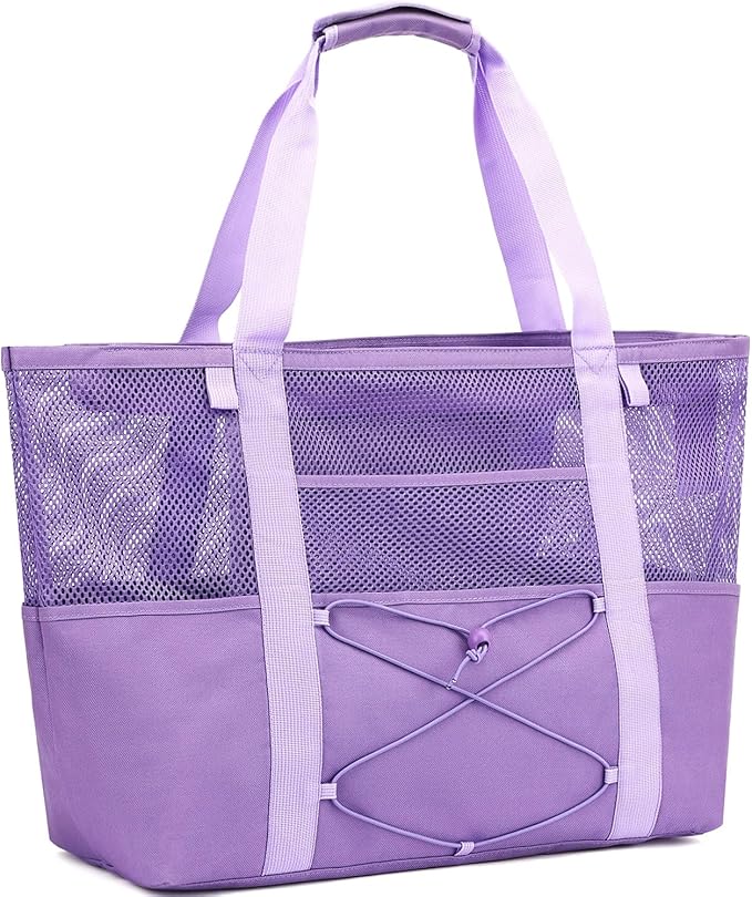 Fammart Mesh Beach Bag, Large Beach Tote with Zipper Pocket for Family Pool Bag for Toys & Vacation Essentials