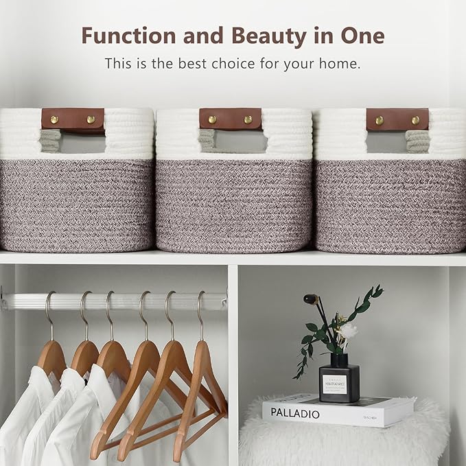 ECDYQXVU Cotton Rope Basket, Storage Baskets with Handle, 15x10x9 Inch Woven Basket for Shelves, Laundry, Towels, Clothes, Books (White Brown 1 Pack)