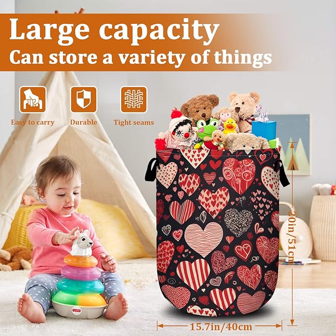 Red Heart Laundry Basket with Sturdy Handles, Collapsible Oxford Cloth Laundry Hamper Organizer Basket for Bathroom Bedroom 15.7x20 Inch
