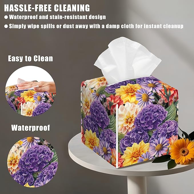 BLYKVGHQ Hydrangea and Dahlia Flower Tissue Box Cover Square, Daisy Tissue Box Holder with Bottom Belt Leather Facial Paper Organizer Dispenser for Bathroom Bedroom Dresser Night Stand Tabletop