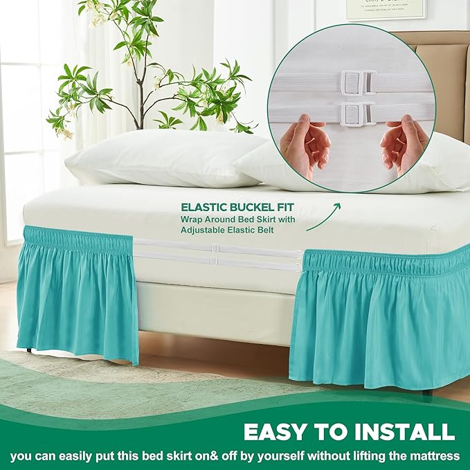 Biscaynebay Wrap Around Bed Skirts for Twin & Twin XL Beds 15" Drop, Aqua Adjustable Elastic Dust Ruffles Easy Fit Wrinkle & Fade Resistant Silky Luxurious Fabric Machine Washable