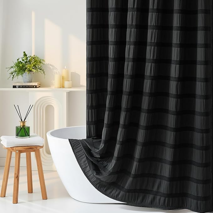 Lameirose Extra Long Black Shower Curtain Farmhouse,72 x 96 Cotton Blend Waffle Tufted Striped Chic Textured Fabric Shower Curtain for Bathroom, Hotel, Washable