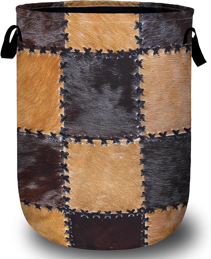 Cowhide Patchwork Laundry Basket with Sturdy Handles, Retro Cow Print Collapsible Oxford Cloth Laundry Hamper Organizer Basket for Bathroom Bedroom 15.7x20 Inch