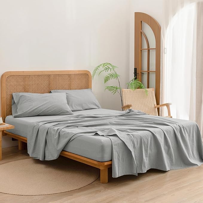 BESTOUCH Sheet Set 100% Washed Cotton Linen Feel Super Soft Comfortable Chic Lightweight 4 Pcs Home Bedding Set Solid Light Grey Queen