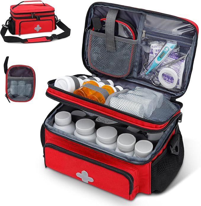GDNasist Medicine Storage Bag, Pill Bottle Organizer for Emergency, Medicine Box Empty with Small Portable Pouch, First Aid Box for Travel and Home Storage