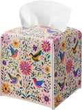 Floral Bird Tissue Box Holder, Scandinavian Leather Tissue Box Cover Square with Bottom Belt, Paper Napkins Everyday Dispenser for Bathroom Night Stands Kitchen Office Car Home Decor