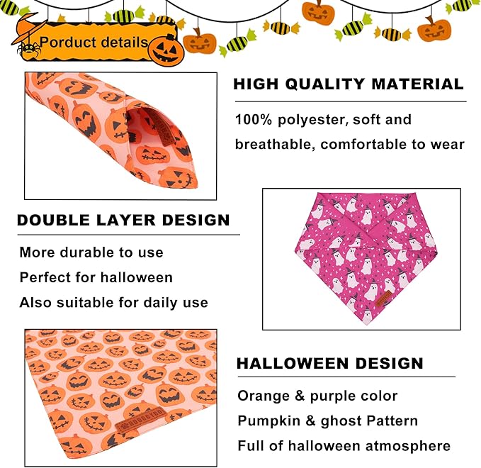 ADOGGYGO Halloween Dog Bandana, Pumpkin Ghost Pet Scarf, Premium Durable Fabric, Adjustable Fit Halloween Bandanas for Medium Large Dogs Pets (Large)
