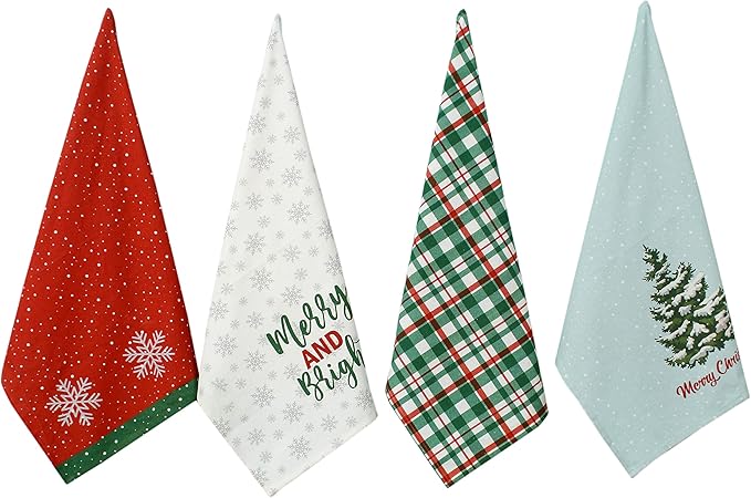 ACCENTHOME Christmas Kitchen Towels Set of 4 - Absorbent Cotton Dish Towel | Merry Christmas Printed Kitchen Linen Bar Towel | Durable Tea Towel For Table Mess & Drying Dishes - Hand Towels 20x28 inch