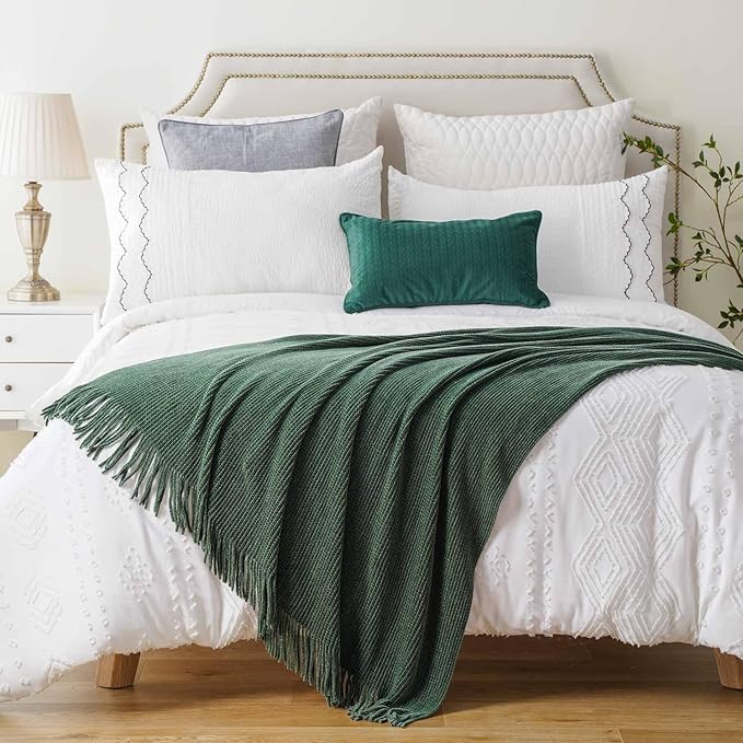BATTILO HOME Dark Green Throw Blanket for Couch, Soft Chenille Knit Throws with Tassels for Home Decor, Christmas Green Throws for Bed Couch Cover, 60"x80"