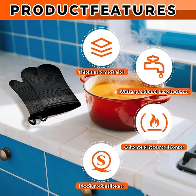1 Pair Silicone Oven Mitts, Heat Resistant to 500°F, BPA-Free, Waterproof Oven Gloves with Quilted Cotton Lining, Non-Slip Grip for Cooking, Baking, Grilling (Black)