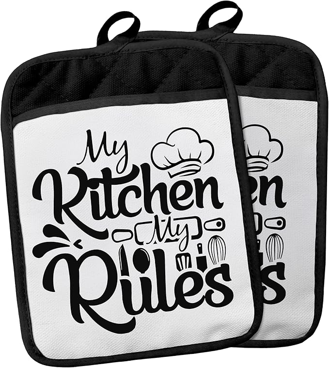 My Kitchen My Rules Funny Pot Holders with Pockets, Funny Chef Gifts Pot Holders Heat Resistant Oven Mitts Hot Pads for Kitchen Baking Cooking,Potholders for Kitchens