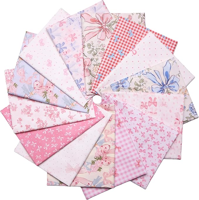 Hanjunzhao 14Pcs Valentines Bow Print Cotton Fat Quarters Fabric Bundles 18 x 22 Inch for Quilting, DIY Bowknot, Hair Accessories, Gift Wrapping, Holiday Valentine Party Home Décor, and Crafts (Bows)
