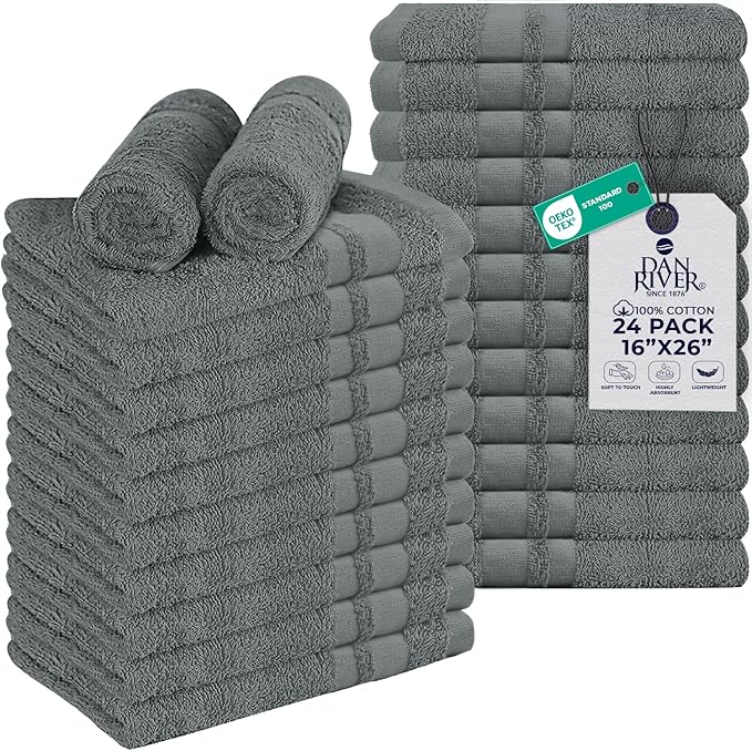 DAN RIVER 100% Cotton Salon Towels Set – 16x26 inches, Pack of 24, Highly Absorbent and Quick-Dry Towels for Hand, Salon, Spa, Beauty, Gyms and Home Hair Care, Grey