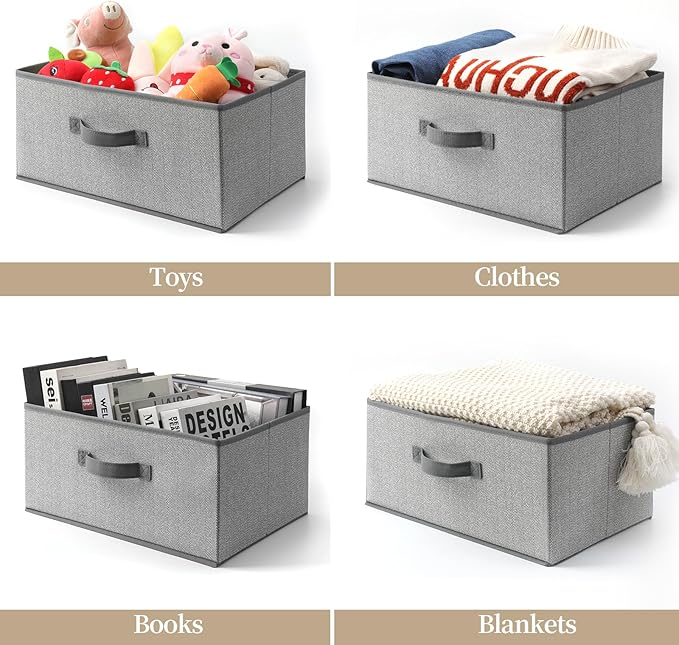 EITMOW Storage Baskets, 15.7 Inch Woven Fabric Bins, Storage Cubes with Reinforced Handles, Organizer Bins for Closet Shelves, Foldable, for Toys, Clothes, Natural Beige (3PCS/Grey-15.7*11*7.8inch)