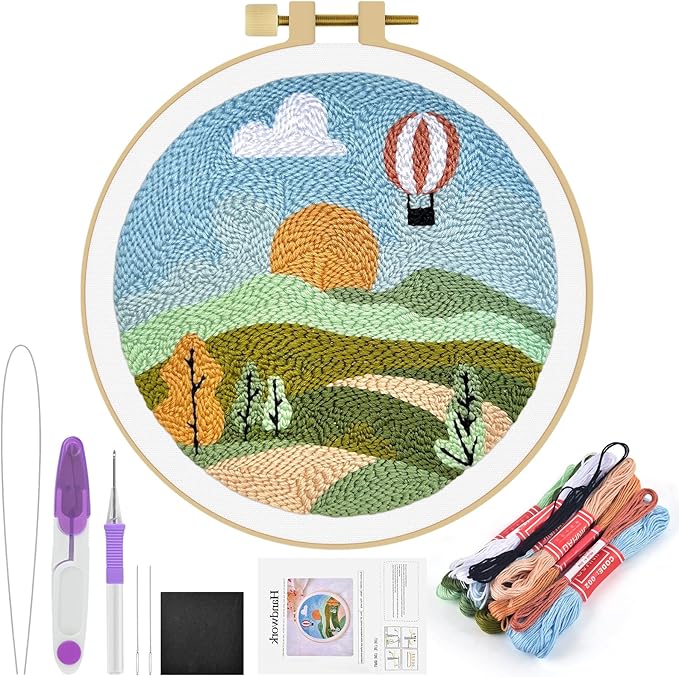 ERKOON Punch Needle Kit Adults Beginners, DIY Easy Landscapes Embroidery Set for Starter Art Craft, Needling Punch Project with Patterns, Tools, Yarns, Hoop, Instruction (Spring)