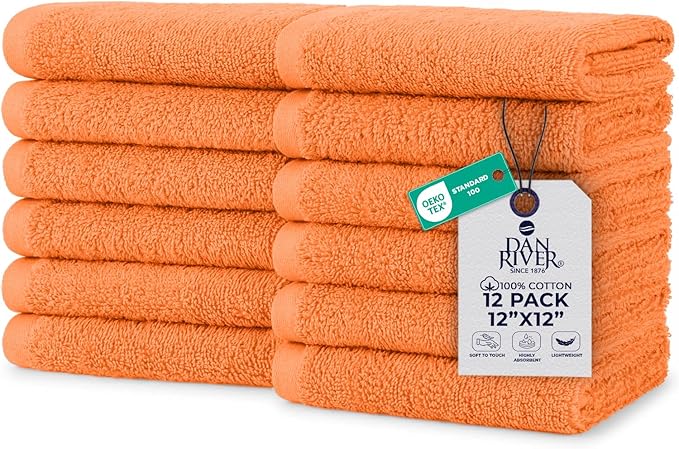 DAN RIVER 12 Pack Wash Cloths for Showering [12x12] - 100% Cotton Washcloths Premium Quality Flannel Face Cloths for Bathroom, Highly Absorbent and Soft Feel Wash Clothes, Orange