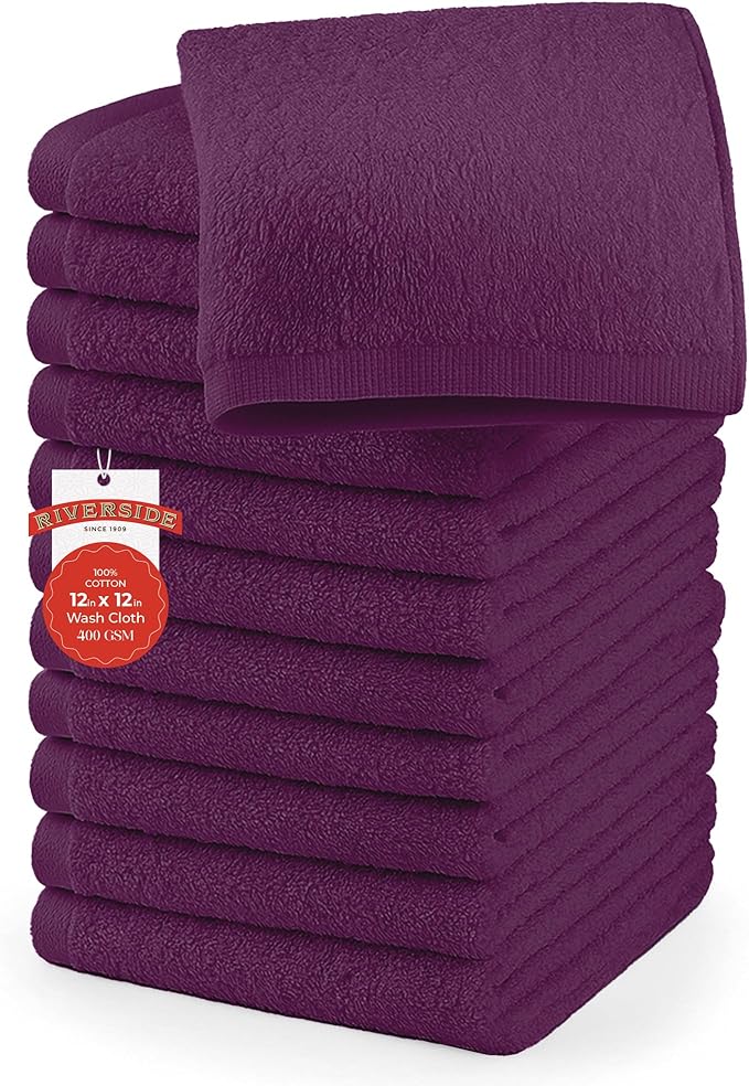 RIVERSIDE 12 Pack Washcloths - 12x12 Inches, 500 GSM, 100% Ring-Spun Cotton - Soft, Absorbent & Durable Face and Body Towels - for Bathroom, Spa, Gym, Makeup Removal & Everyday Use - Purple Passion