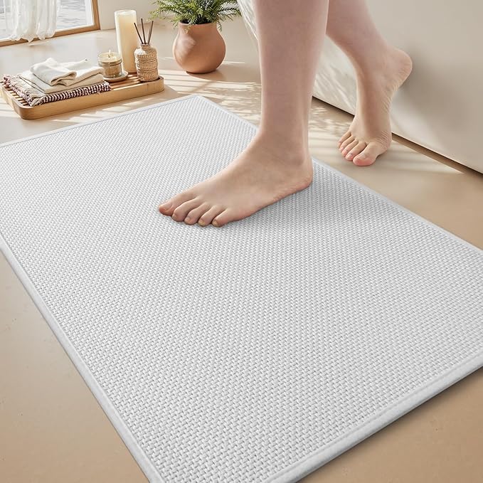 MontVoo Bath Mat Rug-Ultra Thin Non Slip Bath Mats for Bathroom Mat Quick Dry, Rubber Backing Washable Bathroom Rugs Fit Under Door, Absorbent Bath Rugs for Floor,17"x24",White