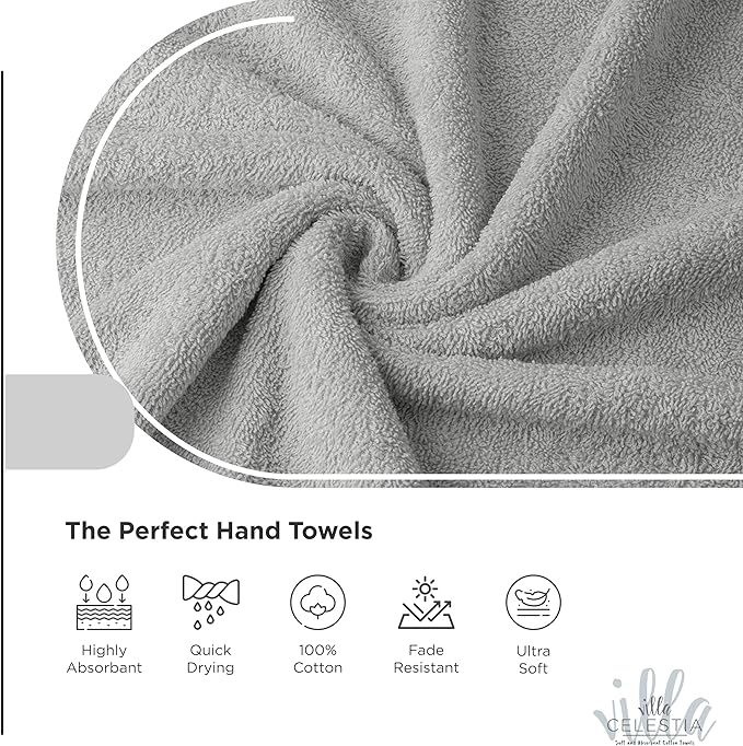 Villa Celestia 100% Cotton Hand Towel Set of 2, (16 x 28 inches) Sustainable, Soft, Highly Absorbent, Quick Drying, Combed Cotton Hand Towels Pack of 2 Ideal for Hotels, Spa, Bathroom, Dorm, Silver