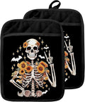 Halloween Sunflower Skeleton Pot Holders with Pockets, Funny Halloween Skull Bat Sunflower Oven Pot Holders Heat Resistant Oven Mitts Hot Pads for Kitchen Baking Cooking