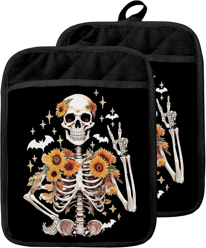 Halloween Sunflower Skeleton Pot Holders with Pockets, Funny Halloween Skull Bat Sunflower Oven Pot Holders Heat Resistant Oven Mitts Hot Pads for Kitchen Baking Cooking